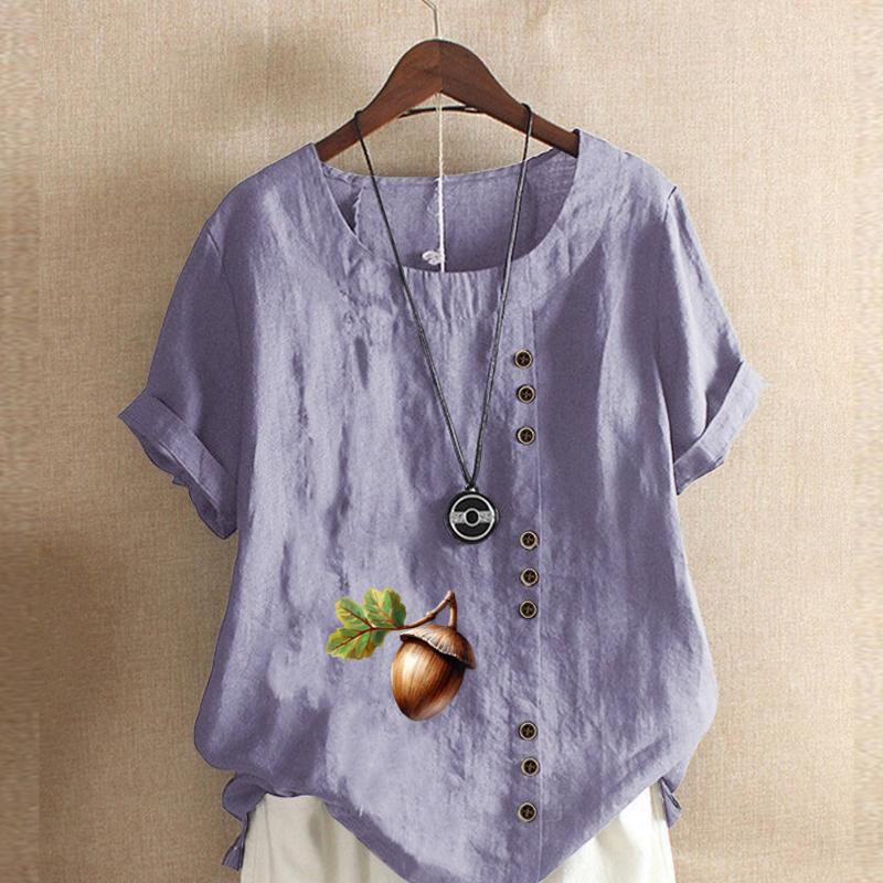 Women's Fashion Stone Hazelnut Prined Round Neck Short Sleeve T-shirt Casual Cotton Linen Graphic Shirt Leisure Loose Summer Blouse Tops