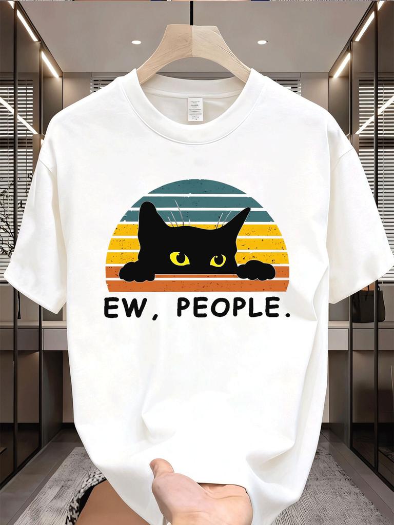 Unisex Black Crew Neck Tee Peeking Black Cat Sunset Text Print Loose Oversized Short Sleeve Unisexs Streetwear Summer Casual Basic Top