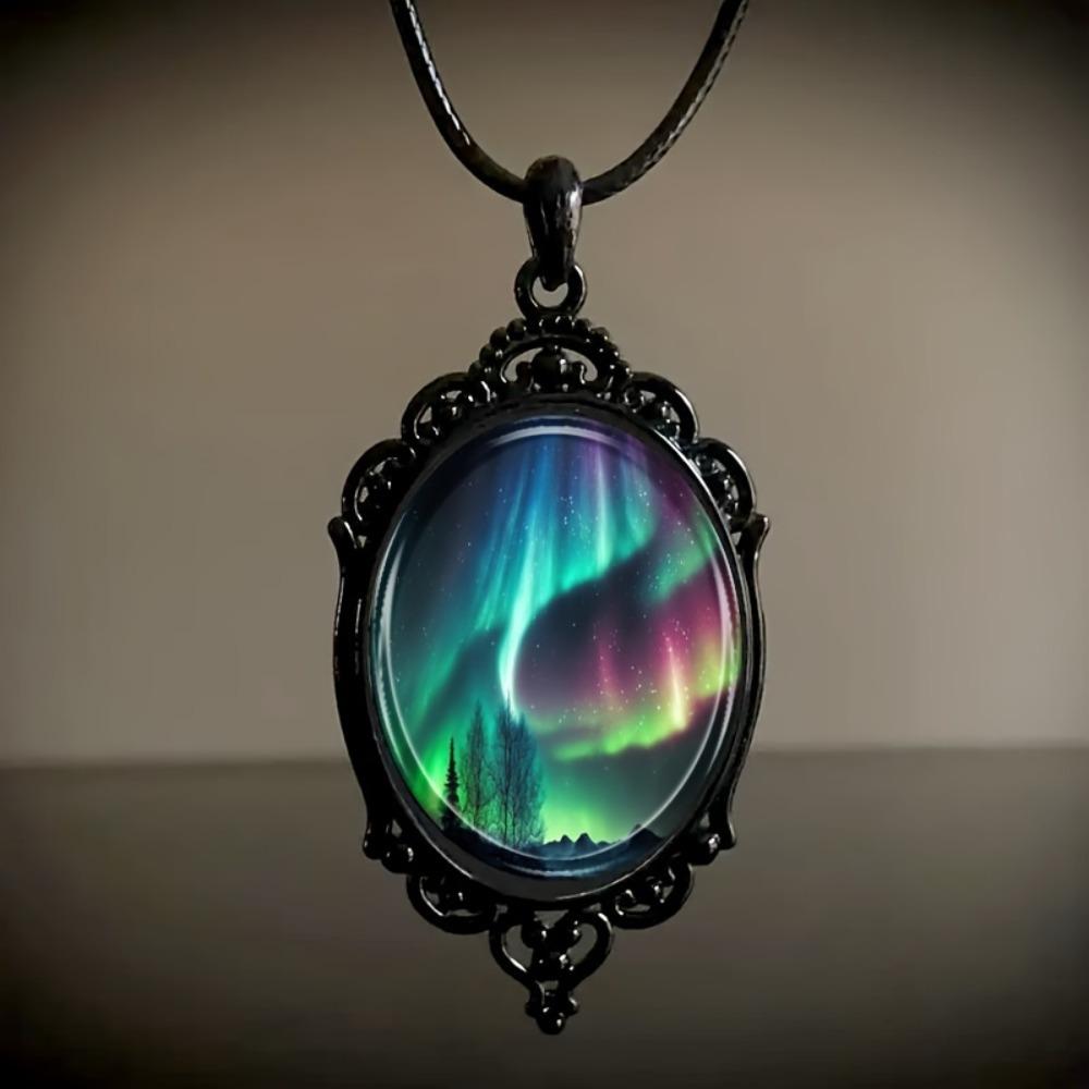 1-piece fashionable and elegant aurora landscape pattern black frame glass necklace romantic gift jewelry