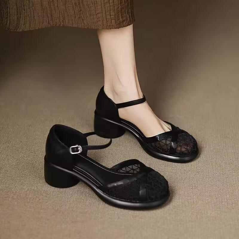 Fashion Cutout Mesh Wrapped Block Heel Sandals Women's New Summer Round Toe Shallow Mouth Platform Sole One-buckle Breathable High Heels