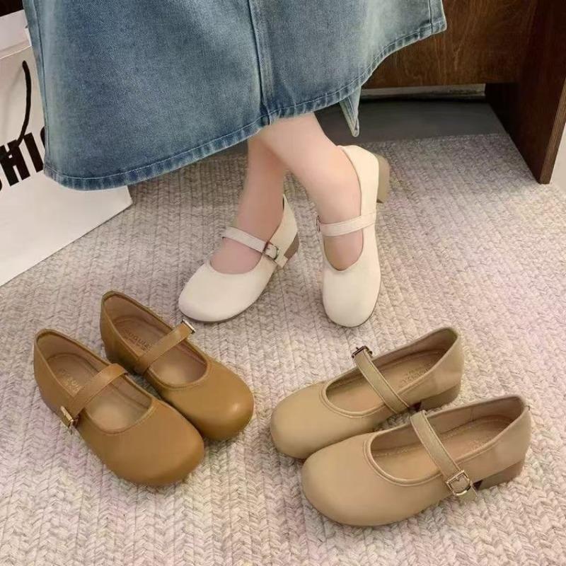 Huge Soft and Easy To Wear Single Shoes Women's Spring and Autumn Round Head Square Buckle Women's Shoes Inner Height Increase Beige Mary Jane Shoes