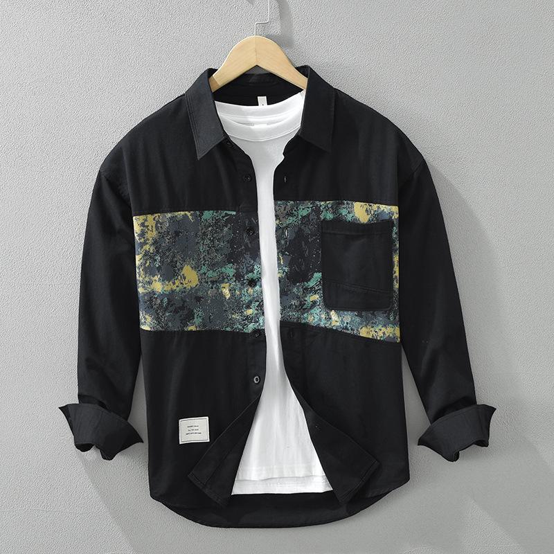 

6932 Мужская рубашка с длинным рукавом в японском стиле пэчворк - Модный литературный повседневный топ XL чёрный