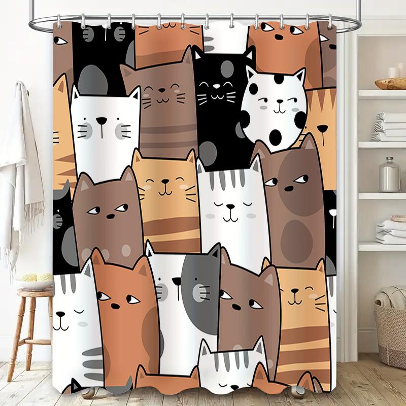 Whimsical Cats Shower Curtain Bath Decor for Cat Lovers – Cute Feline Print Design Bathroom Rug Set in Multiple Colors”