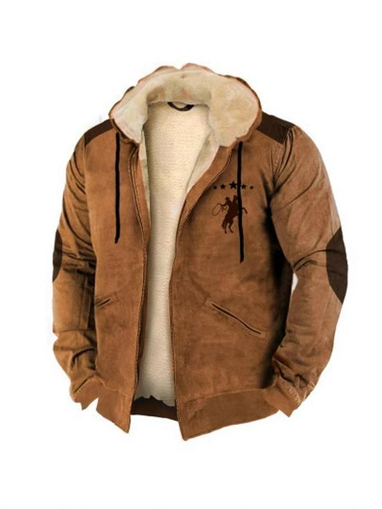 Retro Męska Zimowa Kurtka Bawełniana z Podszewką z Polarowego Materiału z Kapturem i Zamkiem Błyskawicznym
