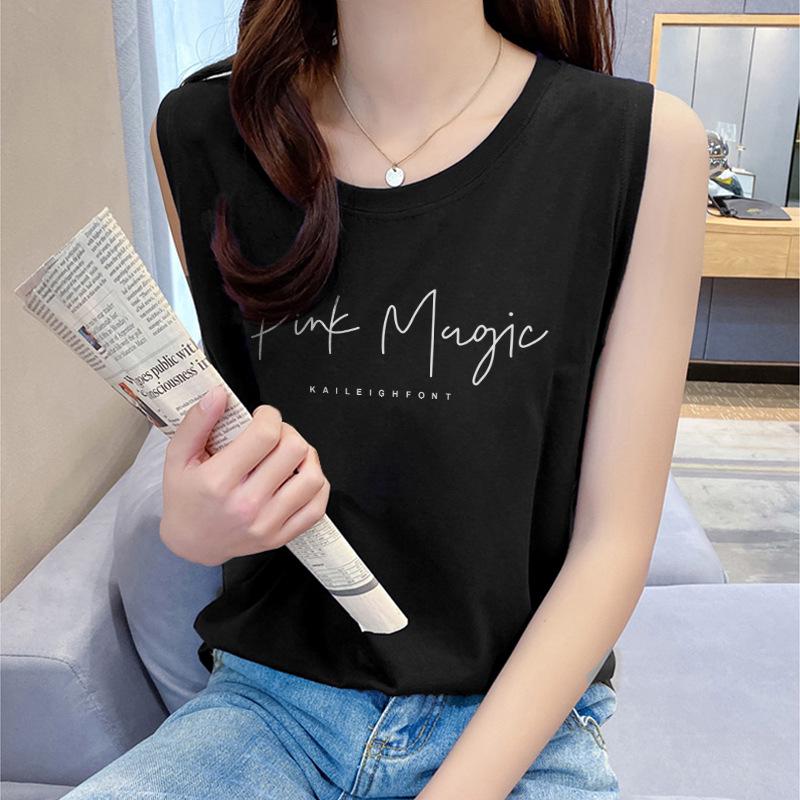 Women's Summer 2024 Loose Fit Cotton Camisole - Sleeveless, Letter Print Top for Inner or Outer Wear