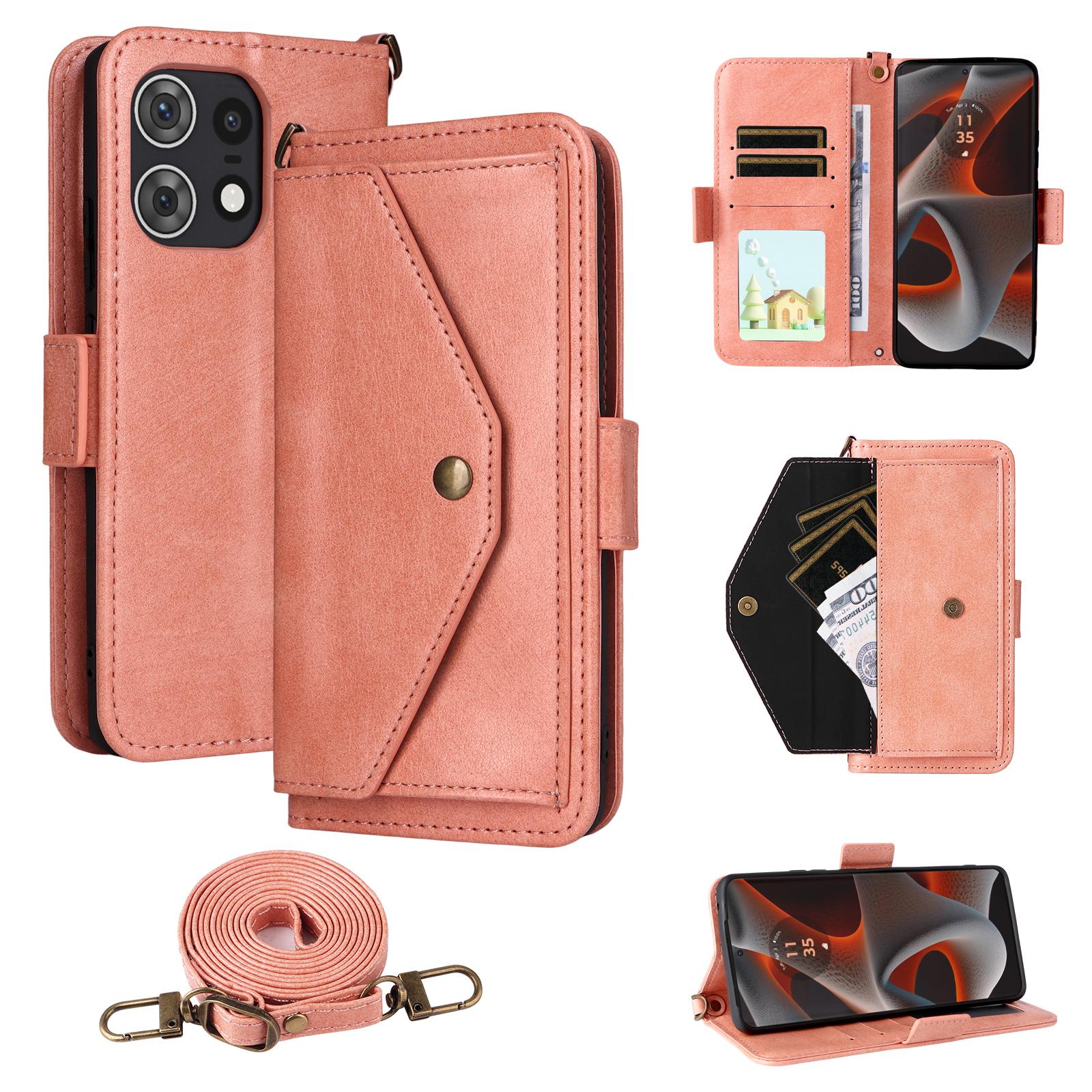 

For Motorola Edge 50 Pro 5G Leather Case Magnetic Closure Wallet Stand Phone Cover with Crossbody Strap Pink