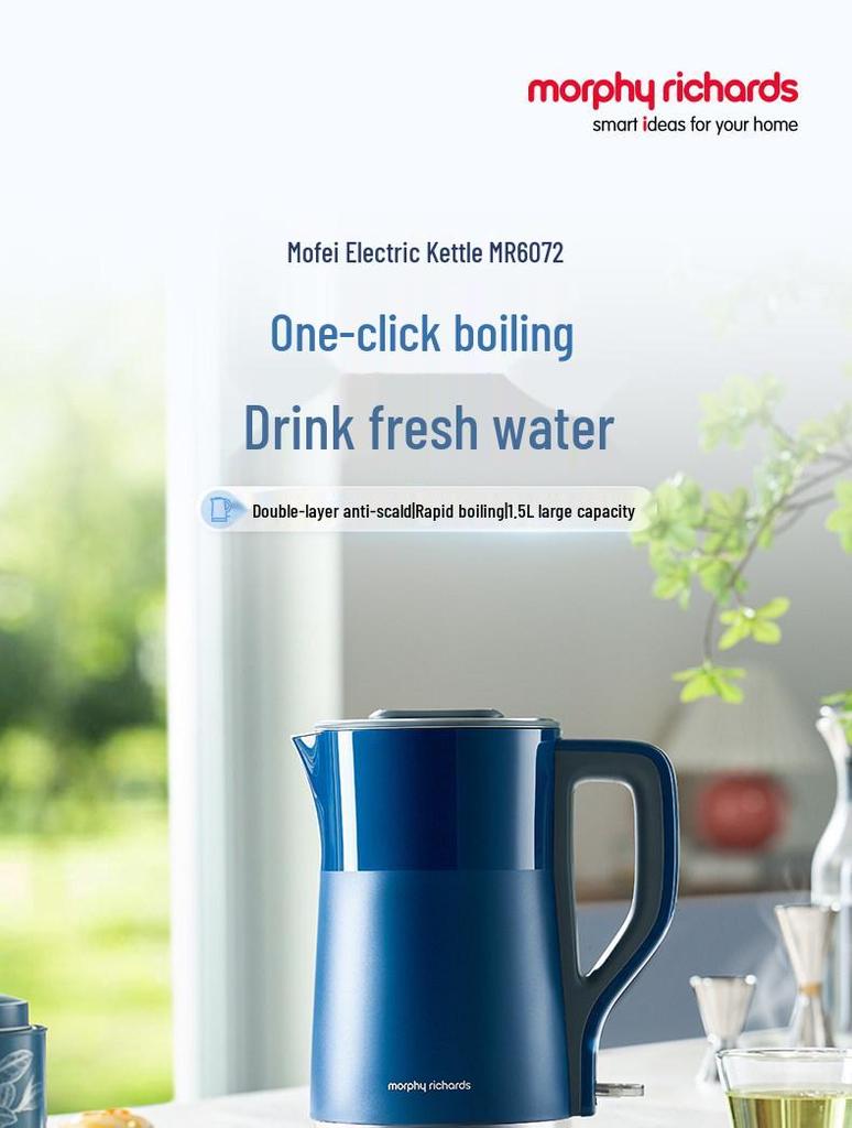 Mofei MR6072 Double Layer Anti-Scald Electric Kettle with Seamless 304 Stainless Steel Liner.