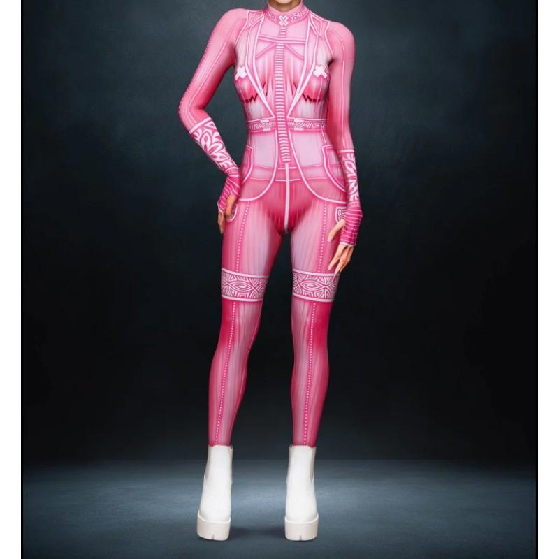 Women Dance Pink Tights Adults Halloween Party Cosplay Dress Up Cyber Punk 3D Digital Printing Jumpsuit