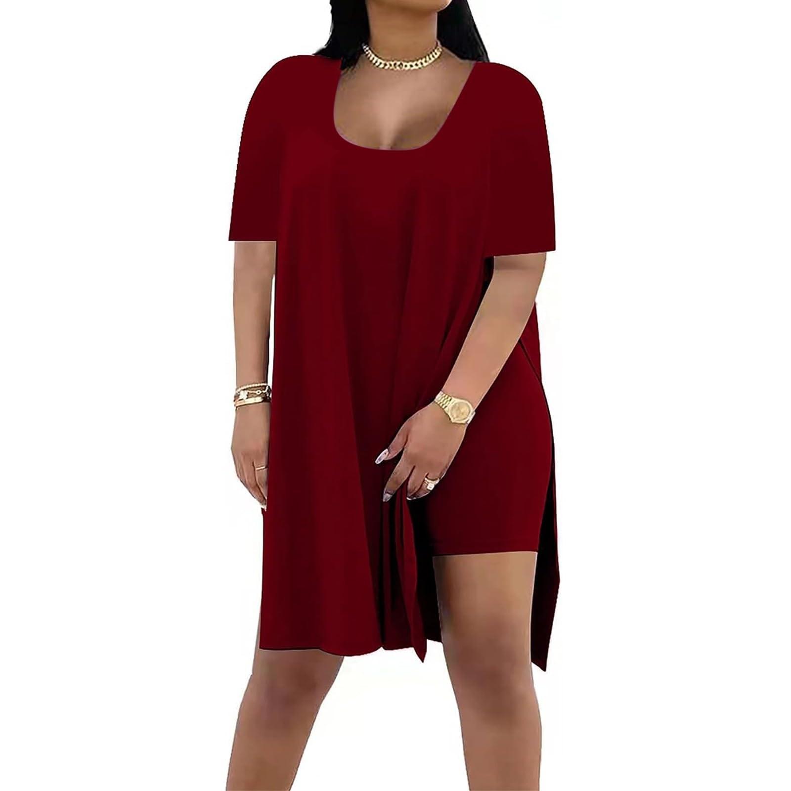 

Модный женский летний однотонный свободный костюм из двух частей с короткими рукавами XXL винный