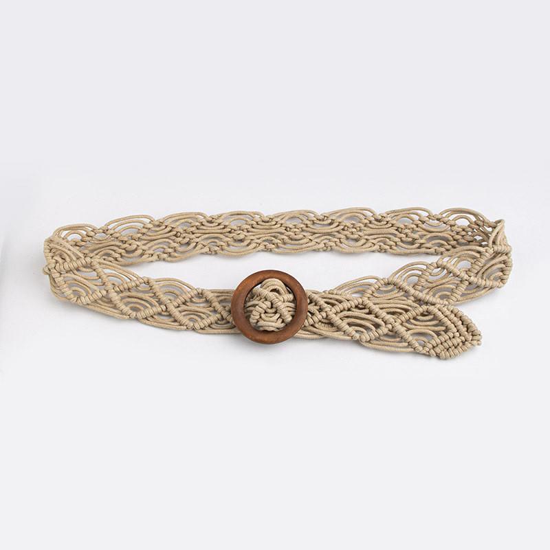 Bohemian Style Woven Waist Belt With Wooden Buckle Handmade Cotton Linen For Casual Summer Wear