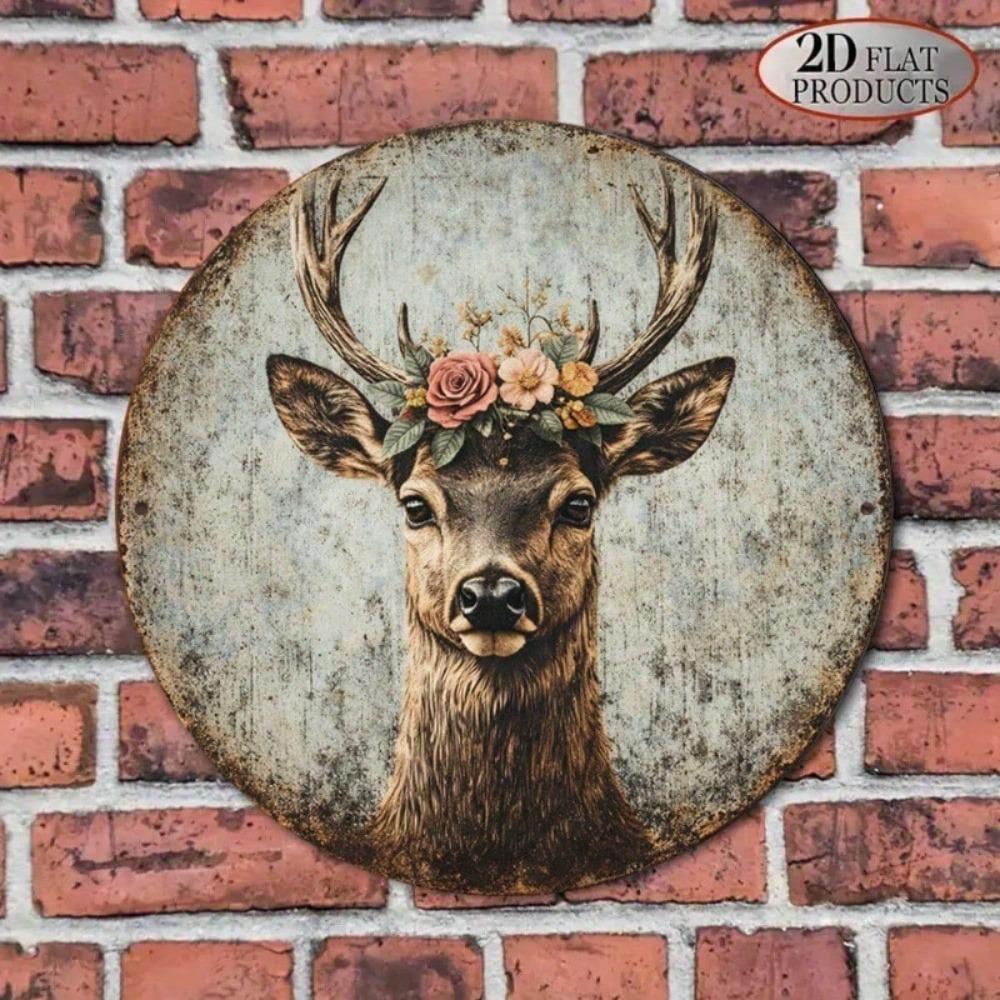 Vintage Deer Head Wreath Sign 8x8in, Rustic Round Antler Plaque, Flat 2D Wall Art for Living Room Bedroom Decor