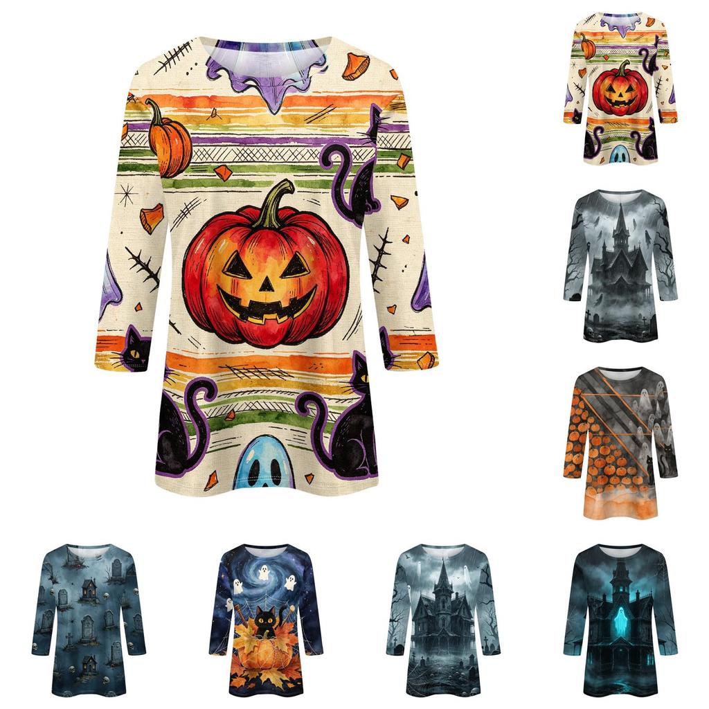 Women's Halloween Print Casual Round Neck -Quarter Sleeve for Holiday Party