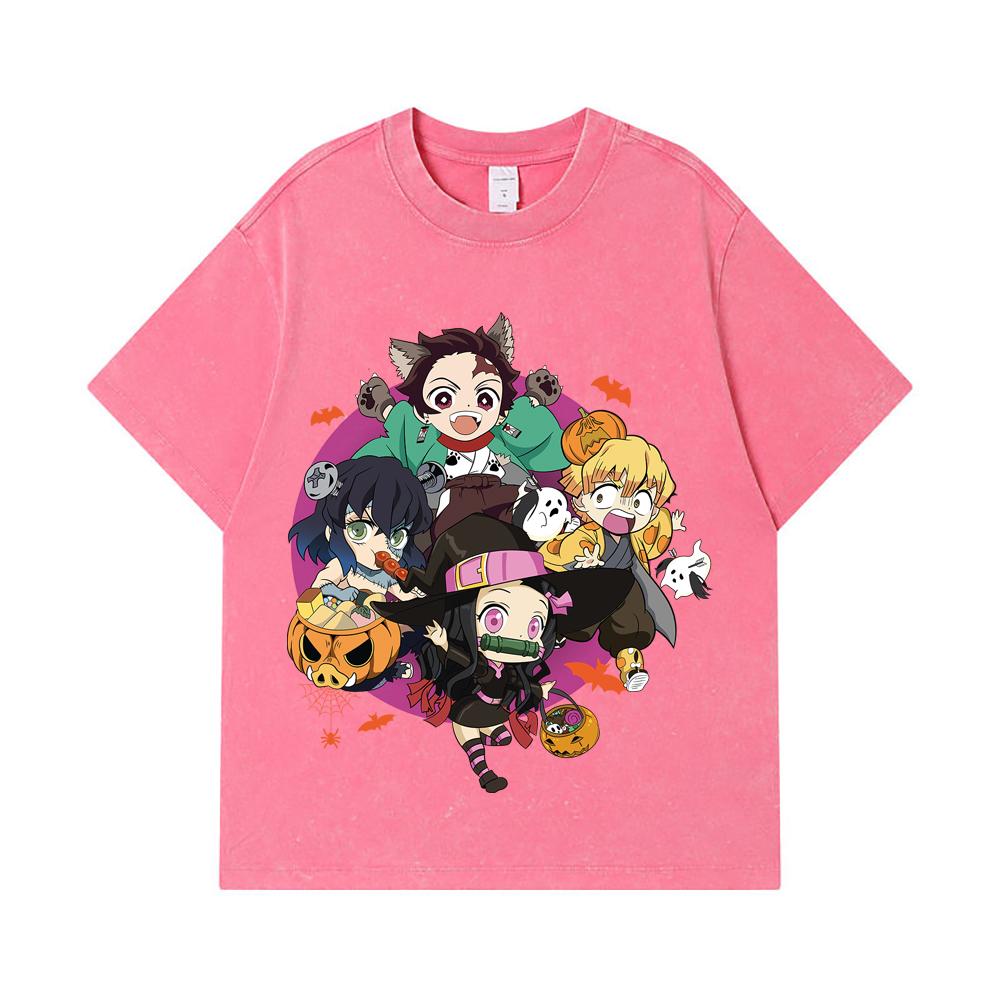 275 GSM Washed T-shirts 100% Cotton Demon Slayer V111 Halloween Print Unisex Heavy Cotton T Shirt