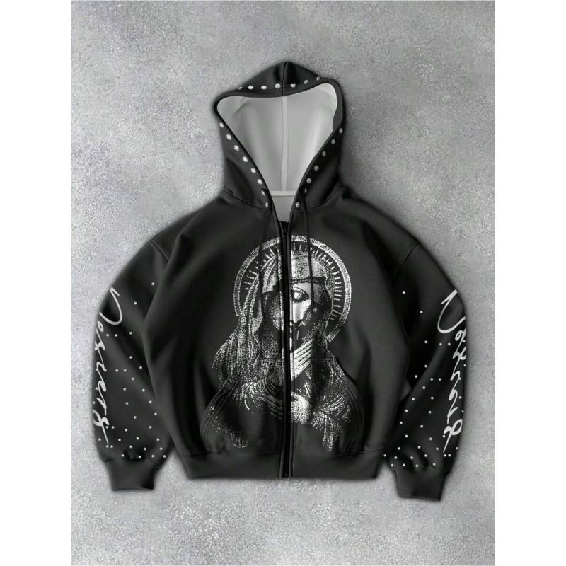 Casual Dark Thorn Print Zip-Up Hoodie Couples Regular Weight