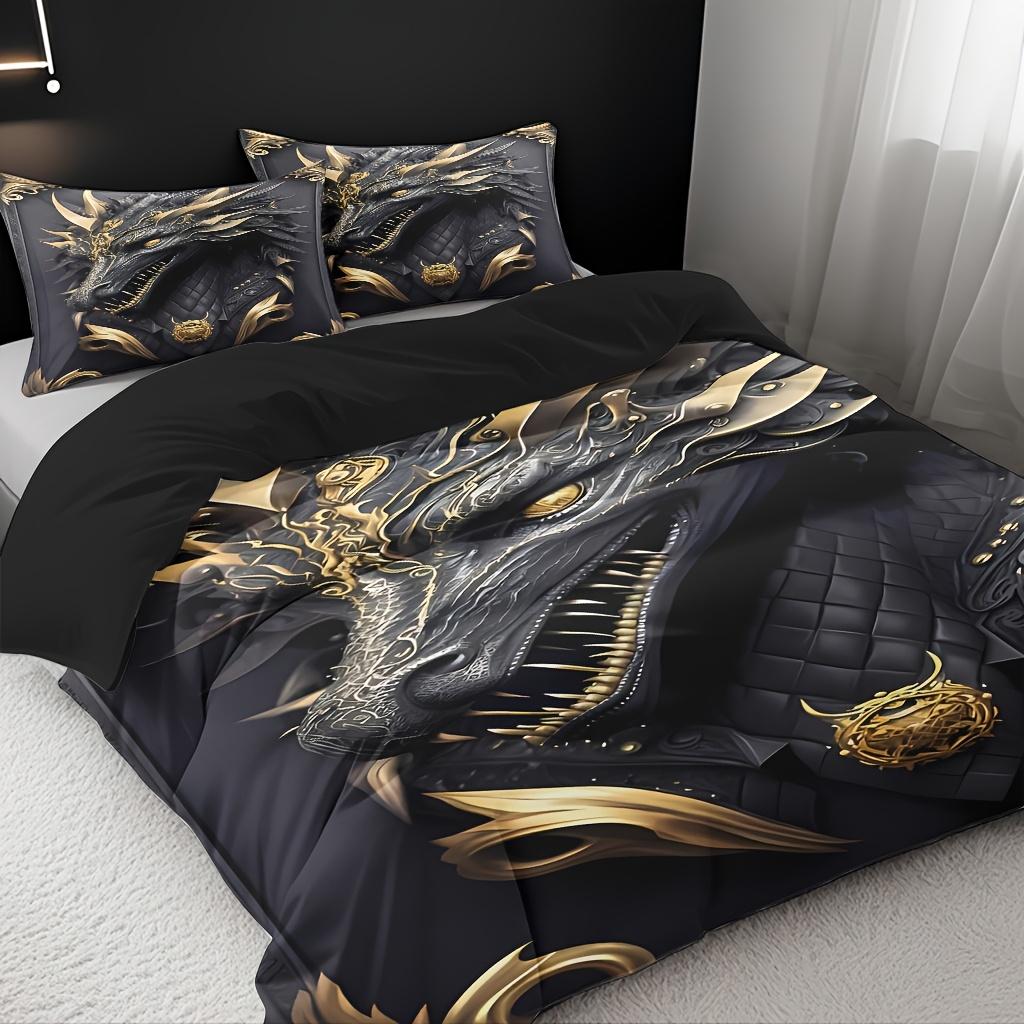 3Pcs Dragon Theme Comforter Set, Majestic Black Golden HD Digital Print, 100% Polyester Breathable Bedding with Pillowcases