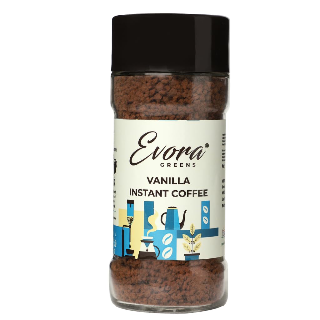 Evora Greens Vanilla Blend - Smooth Instant Coffee Powder | Arabica & Robusta Beans | Hot, Cold & Black Coffee | 100g Glass Jar