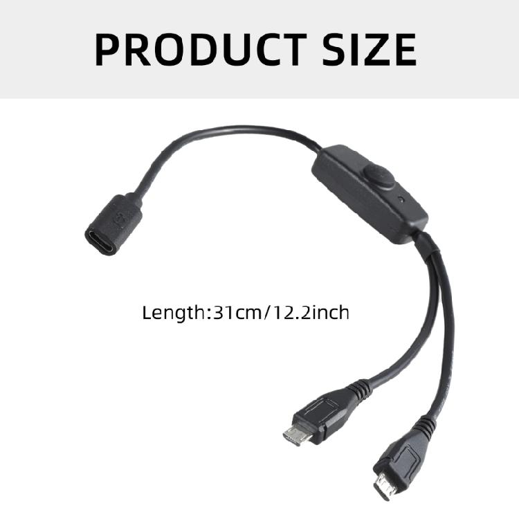 USB C To Two MicroUSB Male Power Cable with Power Switching for Charging Two Devices At Once 5VDC