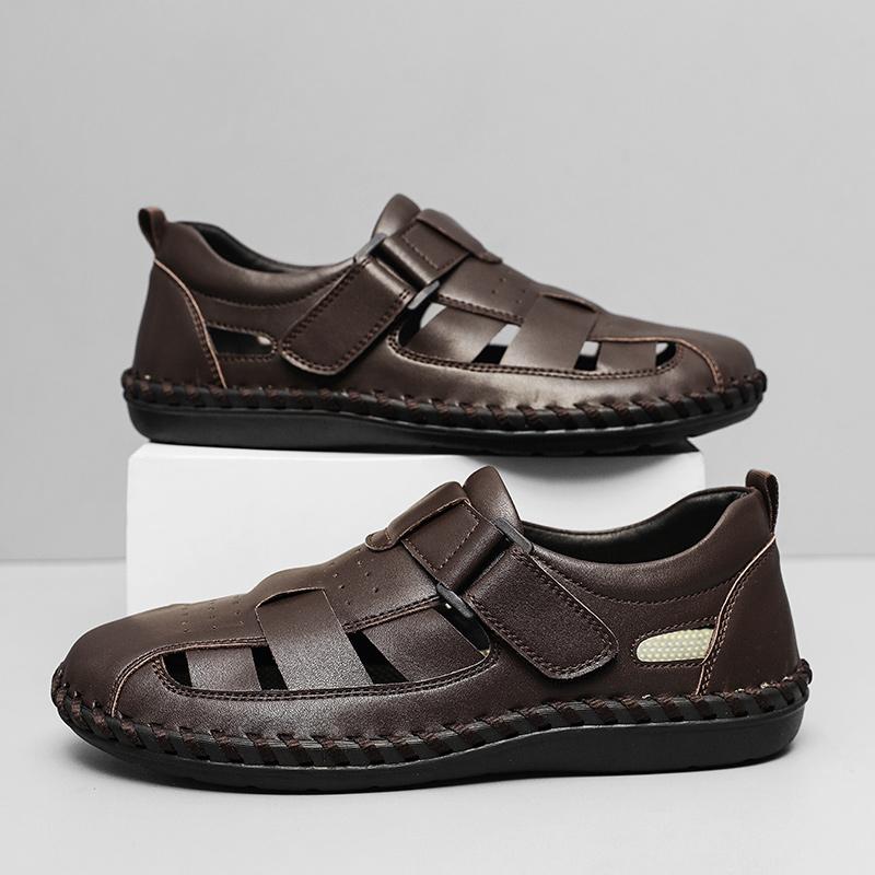 Fashion Hand-stitching Summer Sandals Genuine Leather Mens Casual Shoes Outdoor Non-slip Sandals  Hollow Male Beach Footwear Roman Shoes
