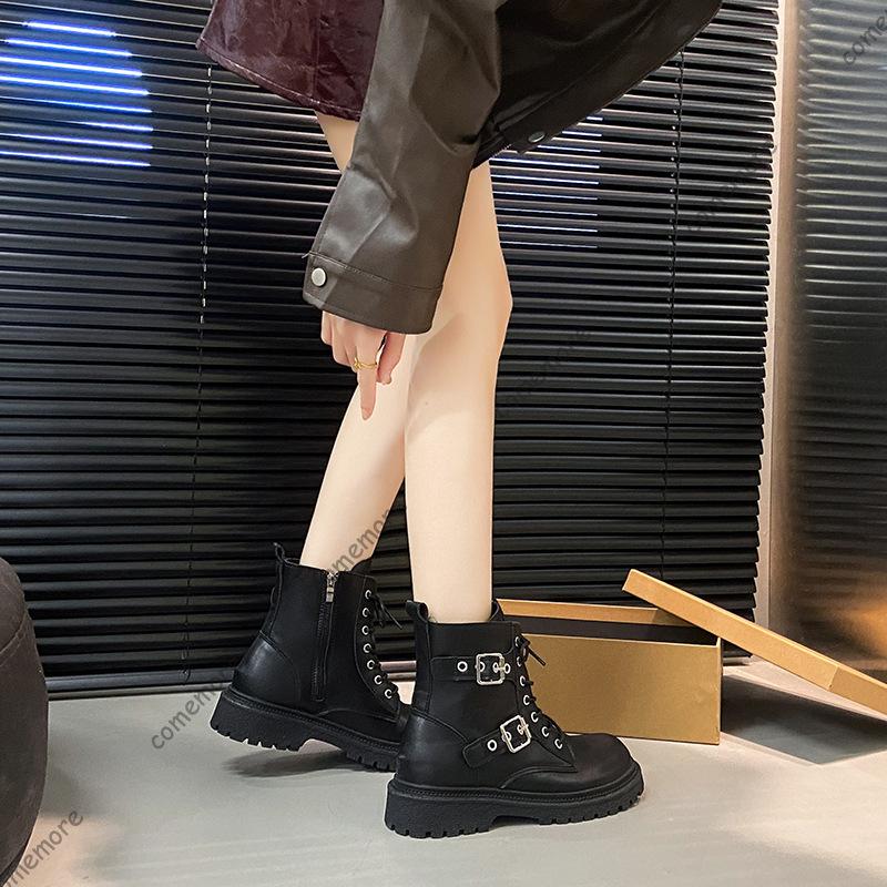 Comemore  Autumn Black Ankle Boots Square Heel Lace Up Women New Platform Short Motorcycle Botas Punk Style Women Shoes