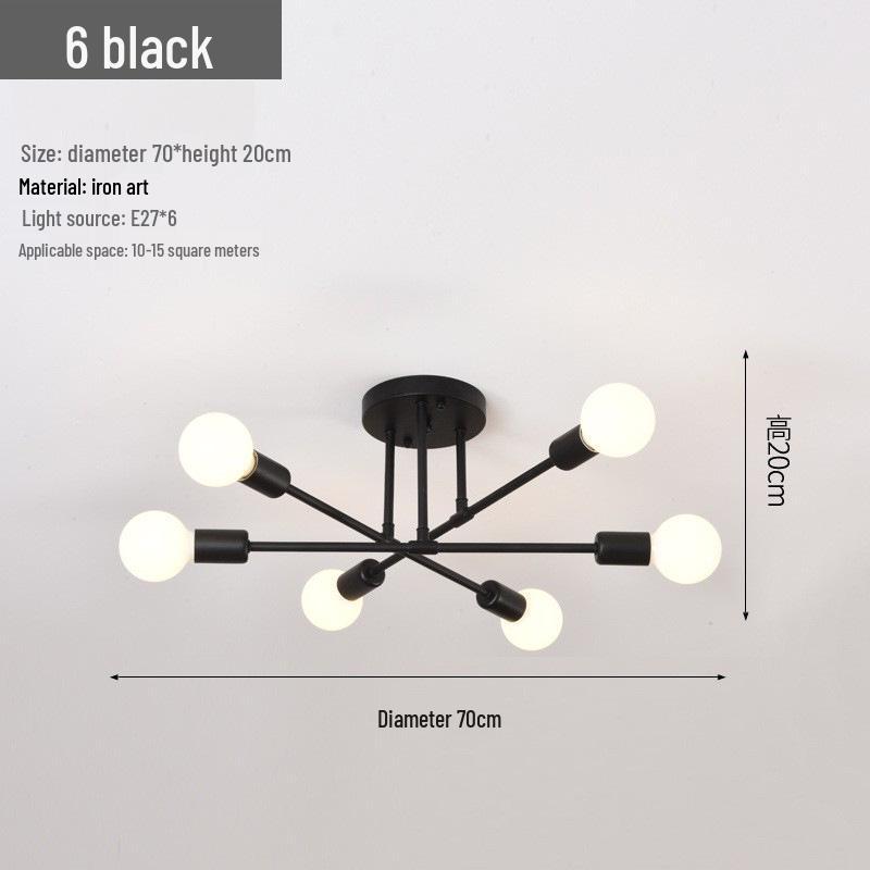 Nordic Industrial Style 6-Head Iron Ceiling Light for Bedroom, Study, or Restaurant
