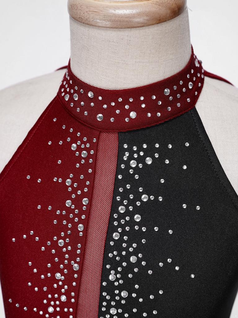 Girls Sleeveless Round Collar Shiny Rhinestone Decorated Backless Lyrical Dance Dress Performance Gown