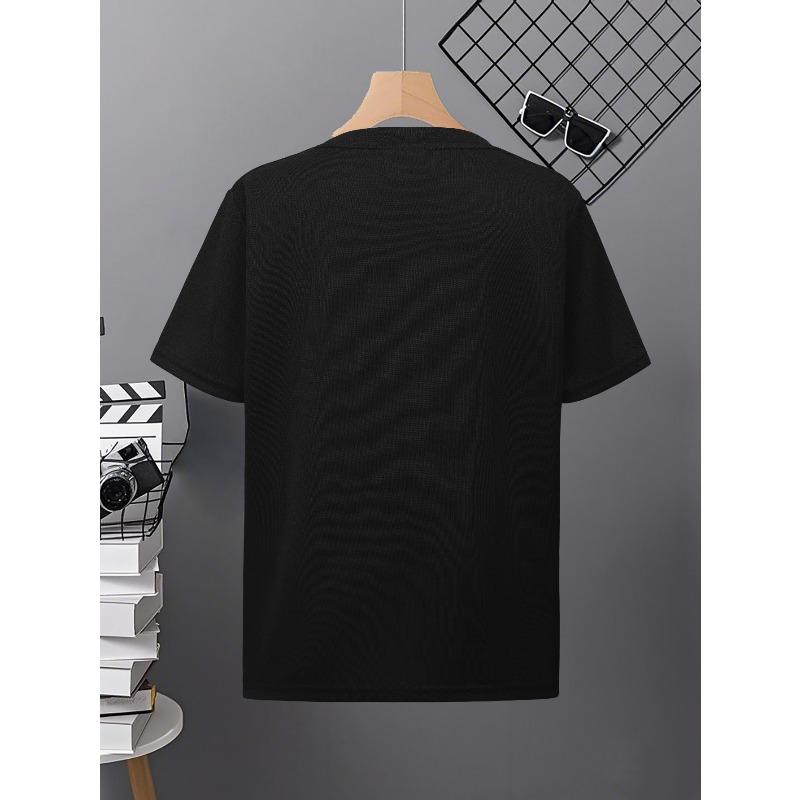 T-shirt da uomo taglia europea Technics a righe con stampa di lettere, top casual girocollo a maniche corte, stile street, tessuto misto traspirante e morbido,