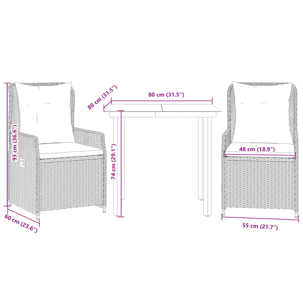 3 Piece Outdoor Dining Set with Cushions Brown Poly Rattan