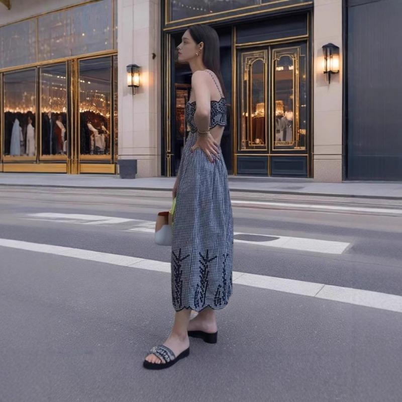 Women's Summer Sexy Spice Street Style Dress Cutout Embroidery Plaid Slip Dress