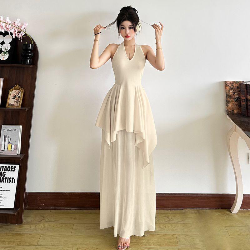 

# Sisjuly# Французский стиль Чистое Желание Сетчатая Лоскутная Перспективная Платье с Плиссировкой на Подвеске Женское Необычное Приталенное Длинное платье Apricot XXL