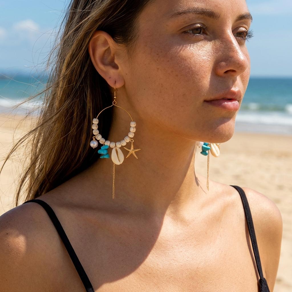 Mermaidcore Ocean Charm Hoop Earrings for Women Starfish Shell Imitation Pearl Turquoise Stone Dangle Summer Beach Jewelry