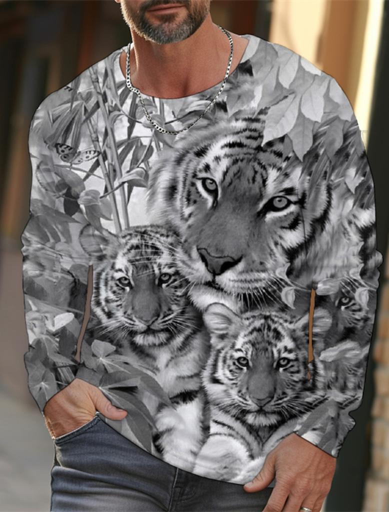 Tiger Graphic T Shirt Long Sleeve T-Shirt for Men Clothing Casual Tee Shirts Fashion 3D Animal Print Tops Vintage Men's Clothing