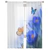 Cortinas Voil Transparentes de Flor Azul Primavera com Borboleta para Janela de Sala de Estar Cortina de Tule Transparente Cortinas para Quarto Decoração de Casa