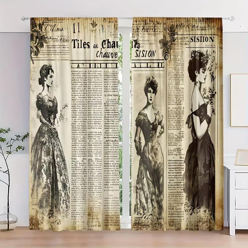 2PC Vintage Newspaper Victorian Lady Sheer Curtains - Retro French Fashion Print Window Drapes for Living Room Bedroom Decor