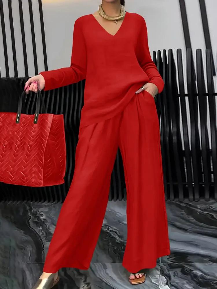 Damen Royalblau V-Ausschnitt Langarm Top und Weite Hosen Set