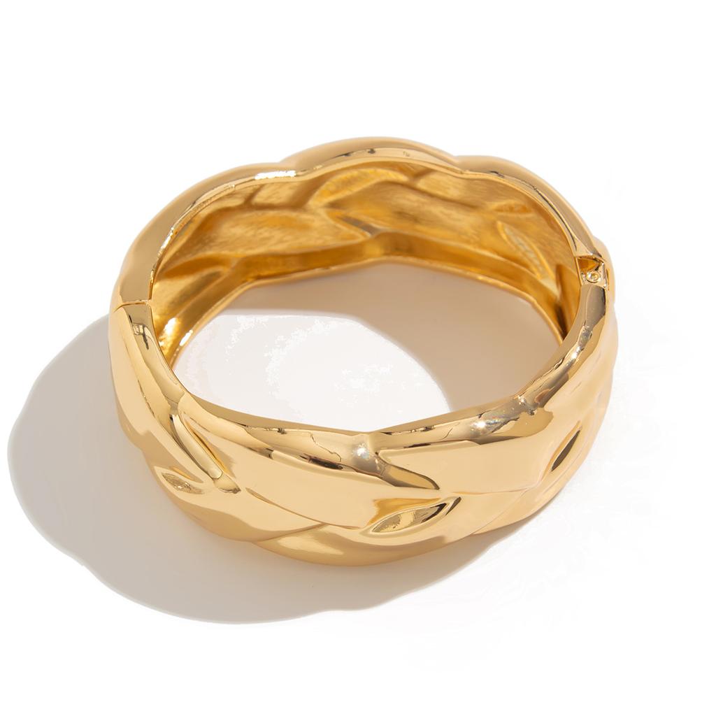 Fashion Diamond Imitation Pearl Spring Bracelet, Textured Metal Double Ring Twist Wide Bracelet