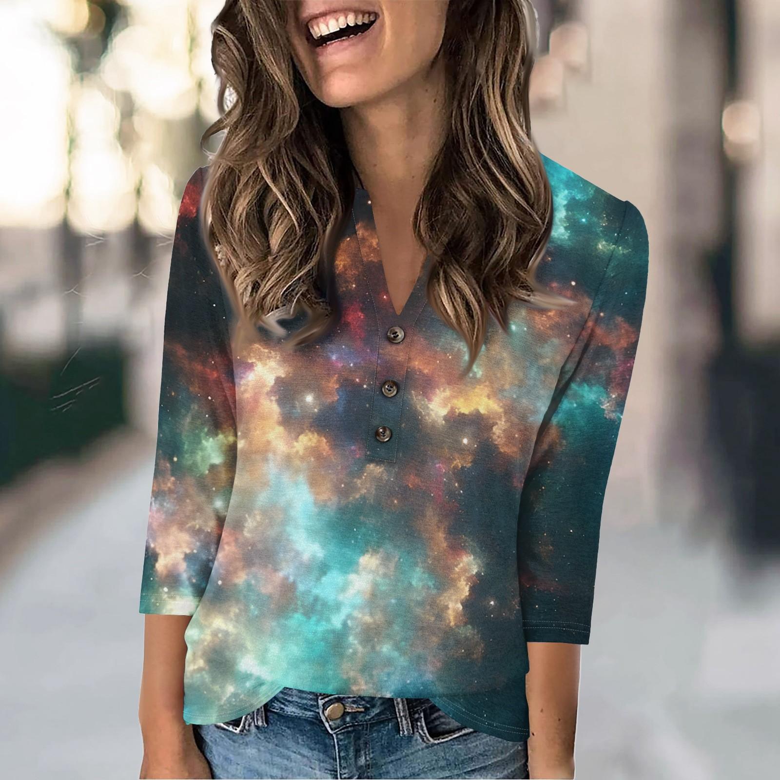 

Женская модная повседневная футболка с винтажным принтом звезд, V-образным вырезом и рукавом семь четвертей на пуговицах XL