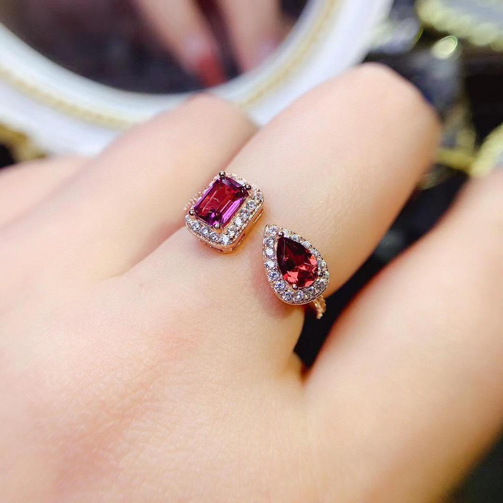 S925 Silver Adjustable Women's Ring with Micro-Paved Garnet Rectangular Teardrop