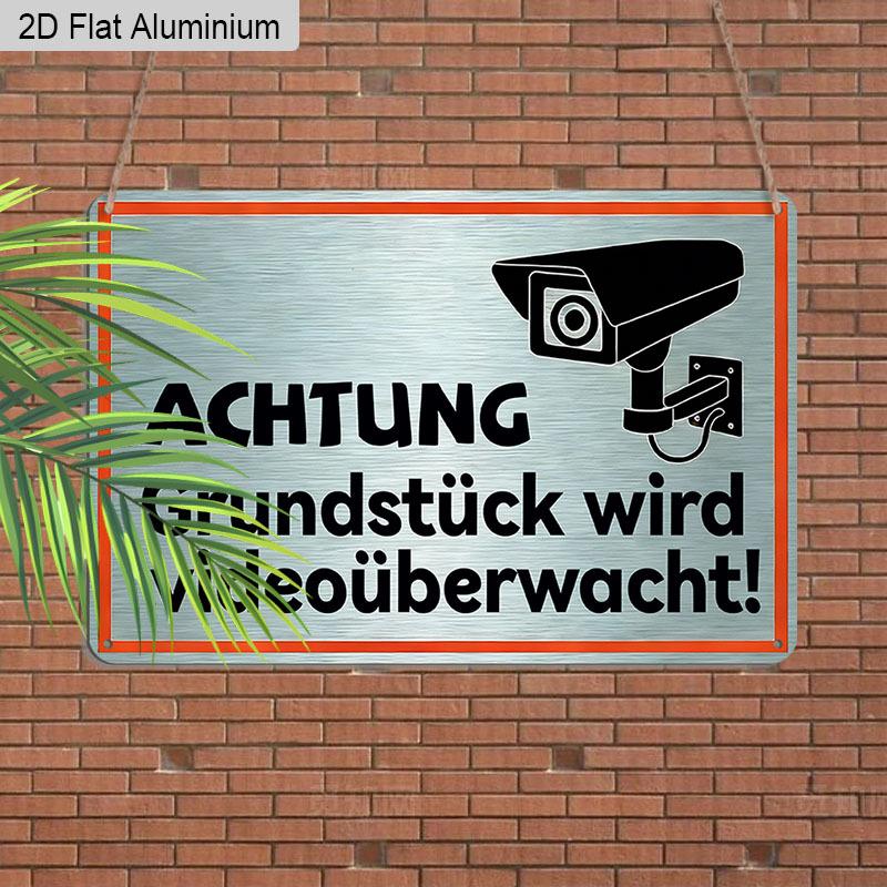 2D Flat 1pc 12"x8" Retro Security Aluminium Wall Art with "ACHTUNG Grundstück Wird Videoüberwacht!" Quote - Vintage German Warning Sign, Camera