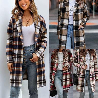 2026 New Women's Plaid Wool Blend Coat, British Style Lapel Collar Casual Blazer with Pockets for Autumn Winter