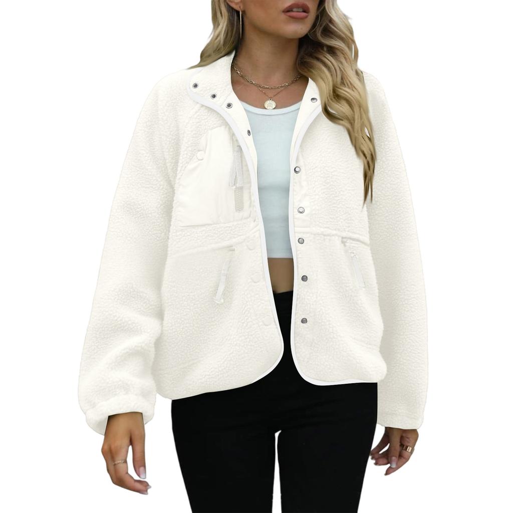 Women's Fashion Casual Stacked Lapel Single Button Fleece Sports Sweatshirt Jacket Outerwear