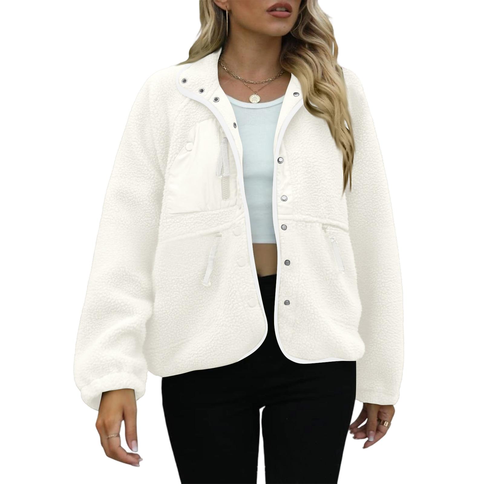 

Женская модная повседневная флисовая спортивная толстовка-куртка с отложным воротником и одной пуговицей XL белый