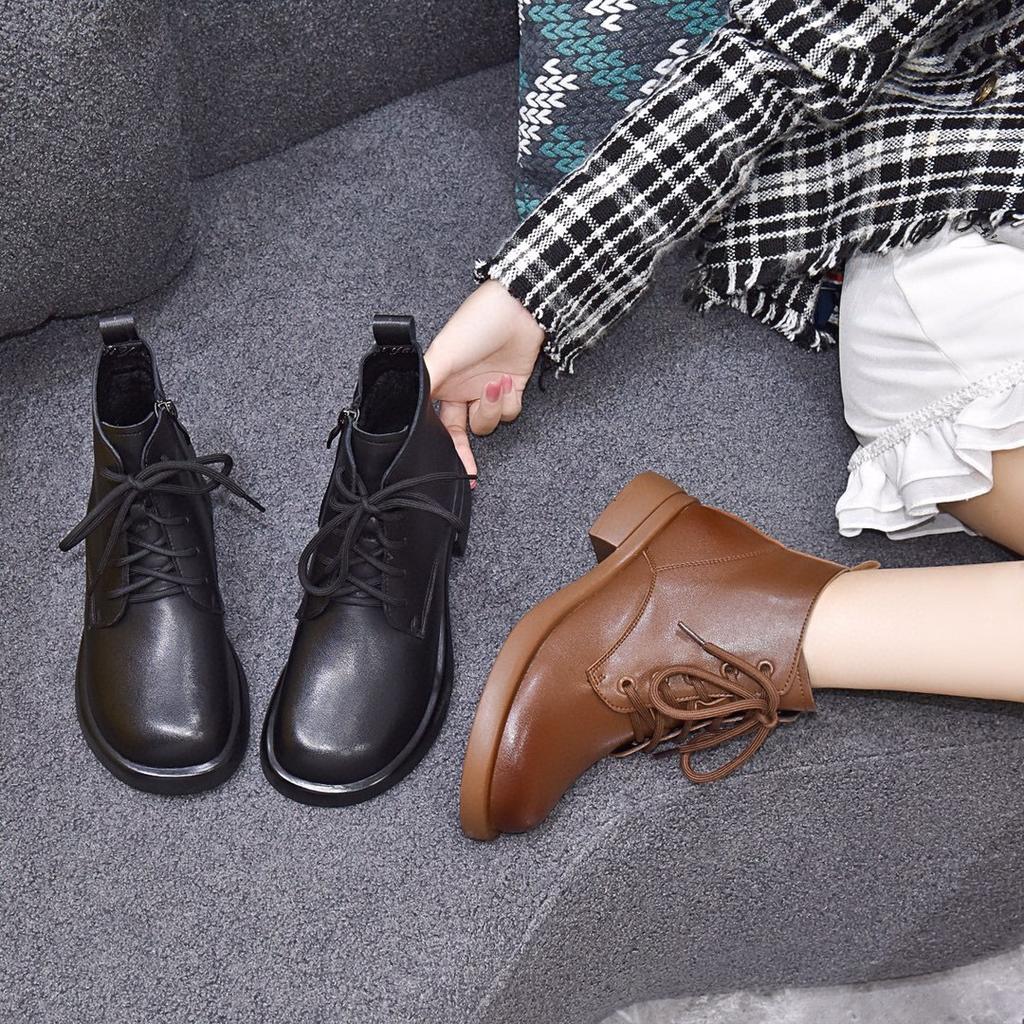 Martin boots women's 2025 autumn and winter new round head flat bottom cowhide short boots comfortable casual British style women's cotton boots lea