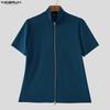 INCERUN Summer Men Stand Neck Short Sleeve Zipper Splits Fitted Casual Tops T-shirts