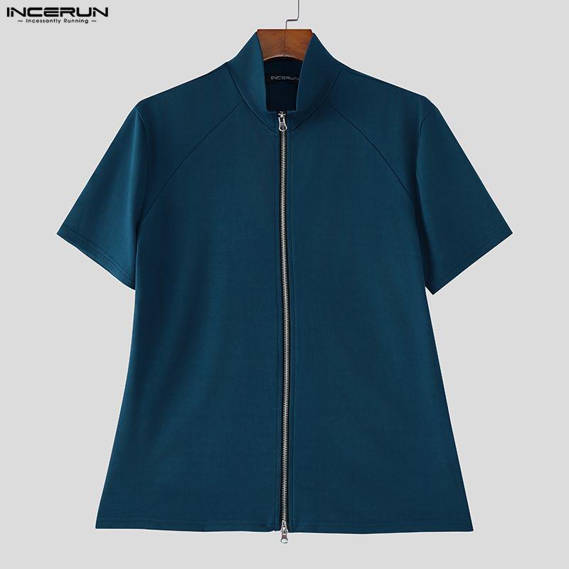 INCERUN Summer Men Stand Neck Short Sleeve Zipper Splits Fitted Casual Tops T-shirts