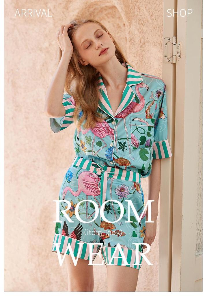 Flamingo IJszijde Zomer Pyjamaset voor Dames - Stijlvol, High-End, Buiten Draagbaar, Korte Mouwen Huispak