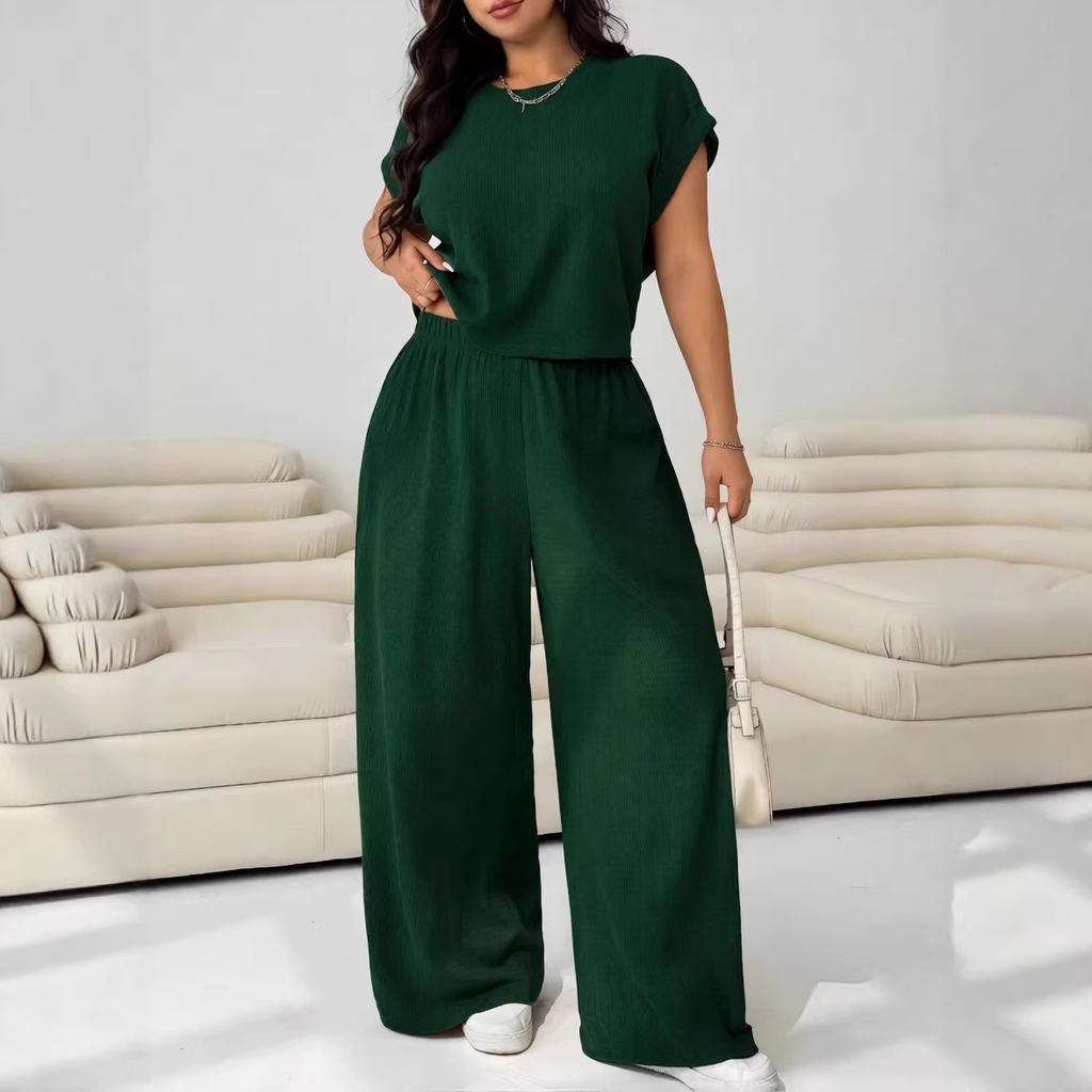European and American Cross-border 2026 Summer New Large-size Women's Clothing Fashion Casual Suit Short-sleeved Top Wide-leg Pants Two-piece Set