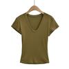 T-Shirt mit tiefem V-Ausschnitt, schulterfrei, kurzärmelig, Damen Sommer Neu, Amerikanischer Spice Girl Stil, einfarbig, figurbetont und dünn, Unterzieb-Top