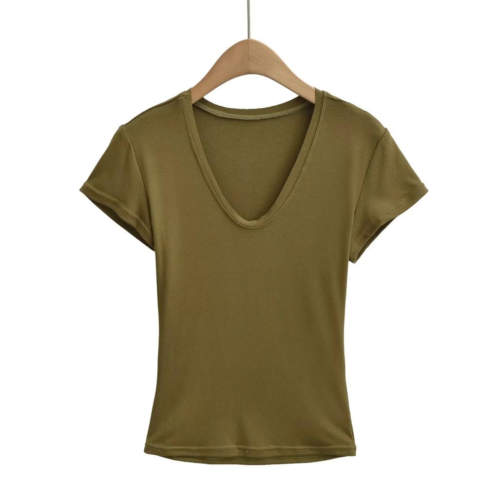 T-Shirt mit tiefem V-Ausschnitt, schulterfrei, kurzärmelig, Damen Sommer Neu, Amerikanischer Spice Girl Stil, einfarbig, figurbetont und dünn, Unterzieb-Top
