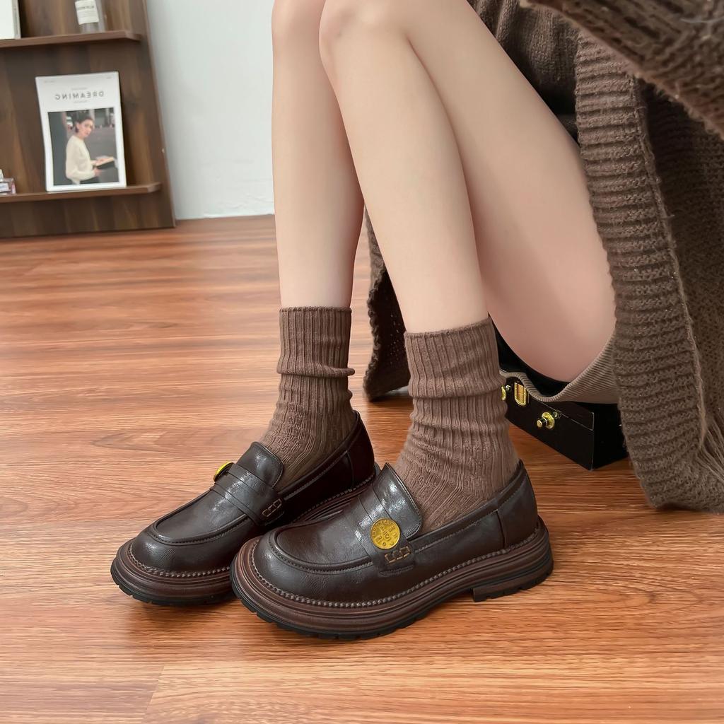 2025 French platform loafers, high-end British style retro small leather shoes, women's small gold coins, thick heels, single shoes