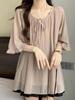 Blouses d'été grandes tailles pour femmes Style français Amincissantes Amples Manches Lanterne Chemise en Mousseline Hauts boutonnés T-shirts
